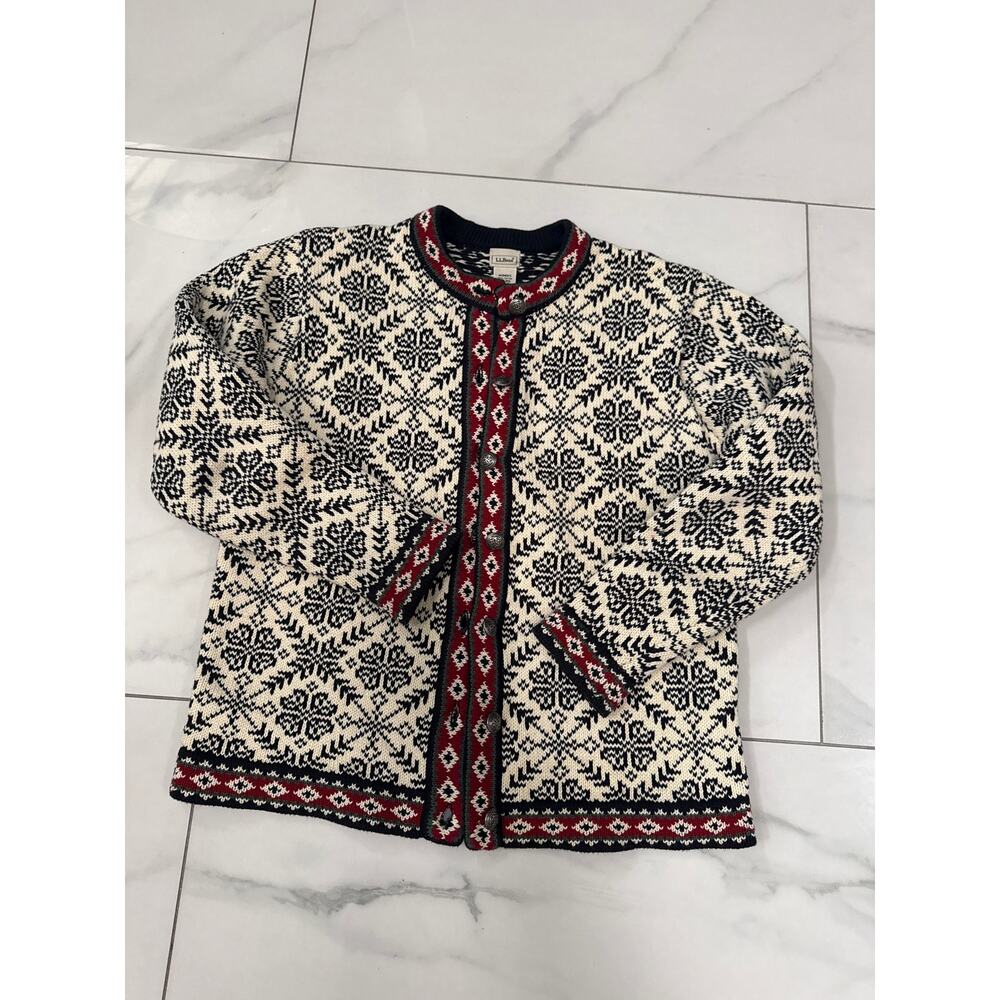 Vintage L.L.Bean 100% cotton Nordic Fair Isle cardigan sweater size M - Picture 12 of 12